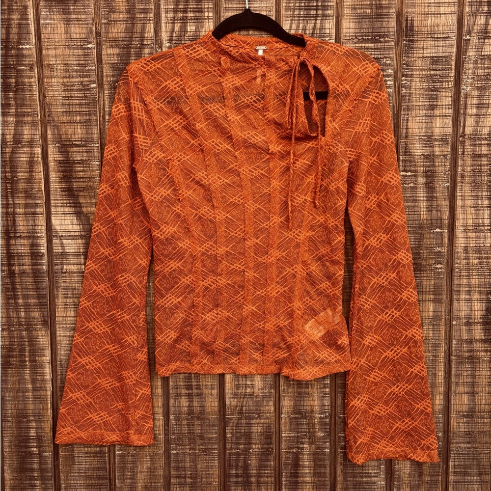 Free People Burnt Orange Mesh Bell Long Sleeve Blouse - Picture 1 of 14